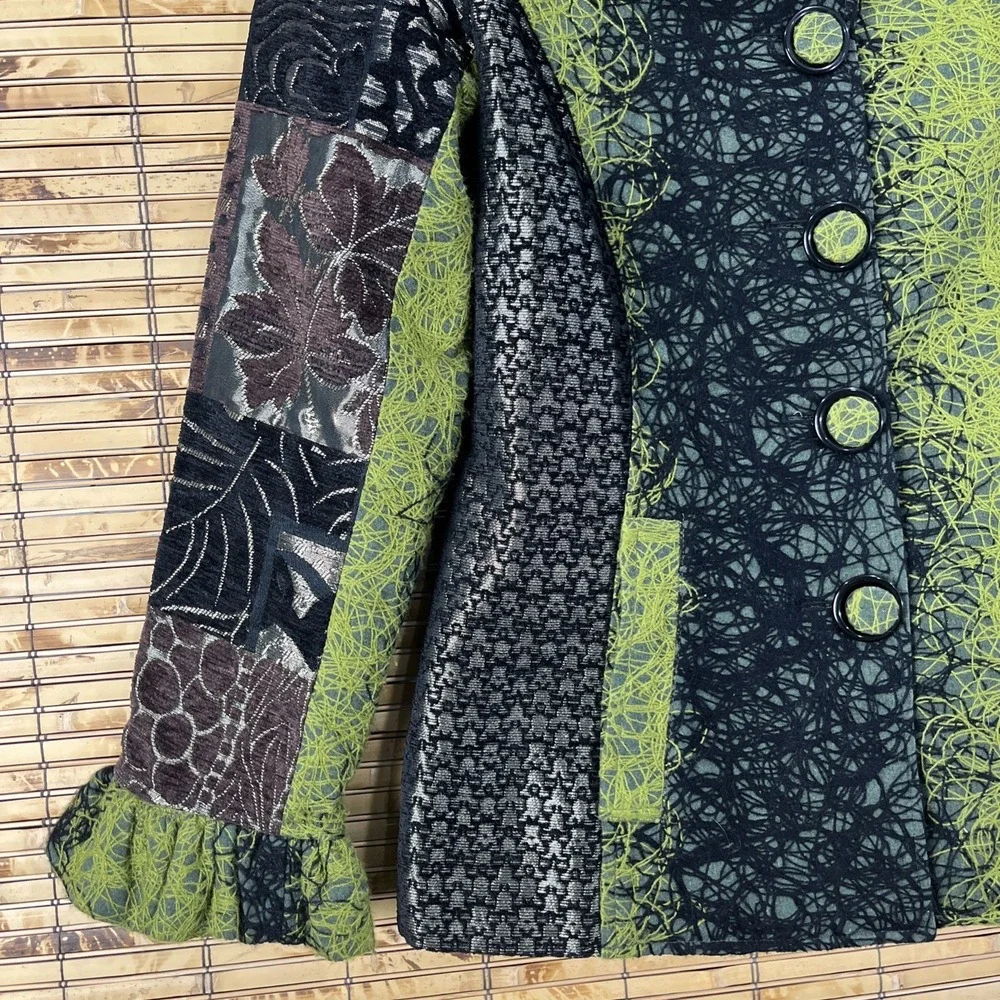 Lindi Jacket Womens S Green Black Silk Blend Art to Wear Patchwork Ruffle Cuff